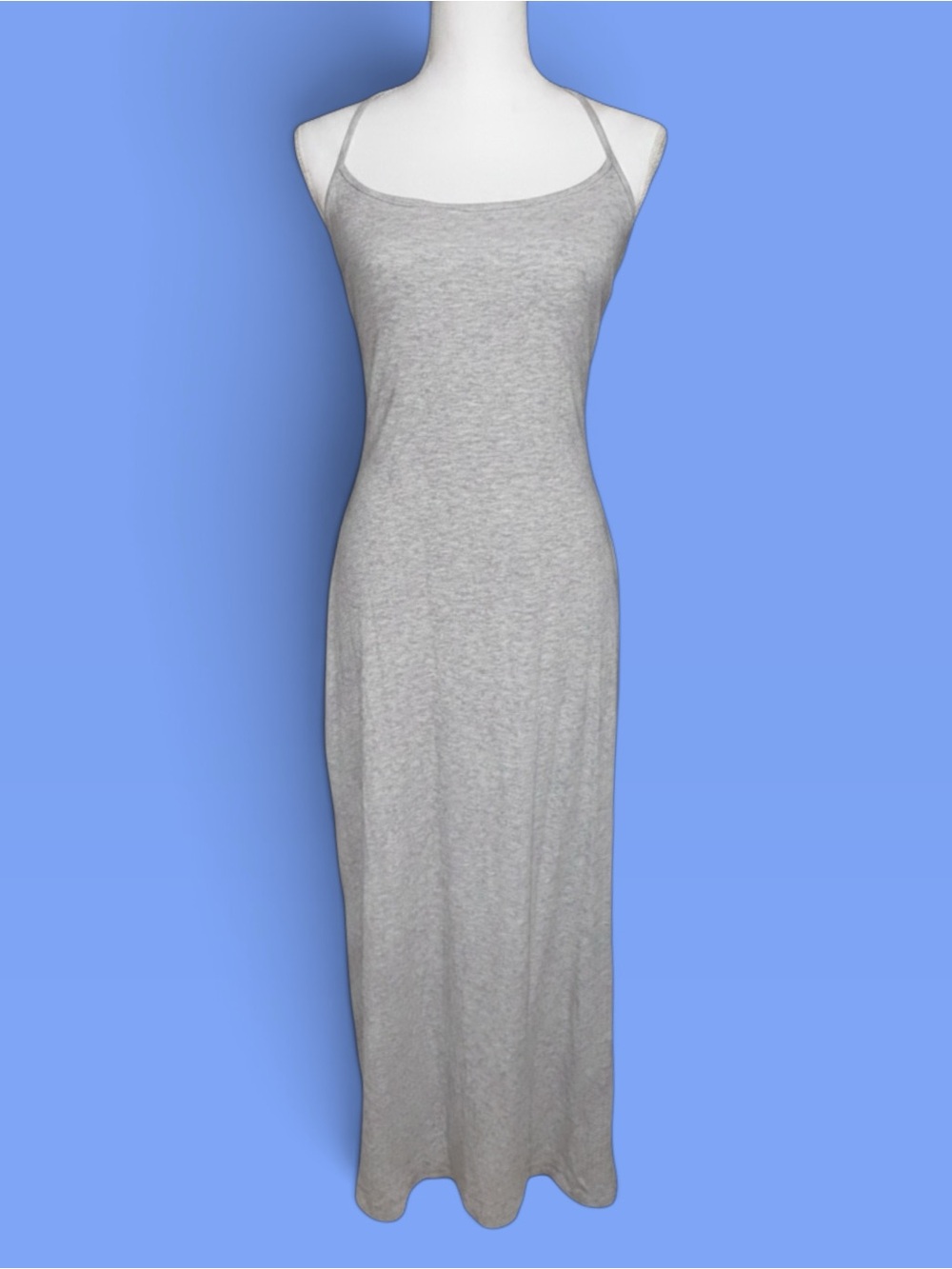 Express Light Gray Ribbed Spaghetti-Strap Maxi Dress